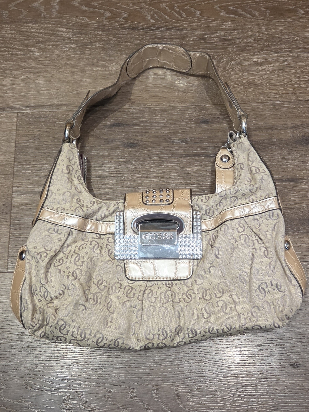 Vintage GUESS Monogram Rhinestone Shoulder Bag / Y2K Glam Hobo